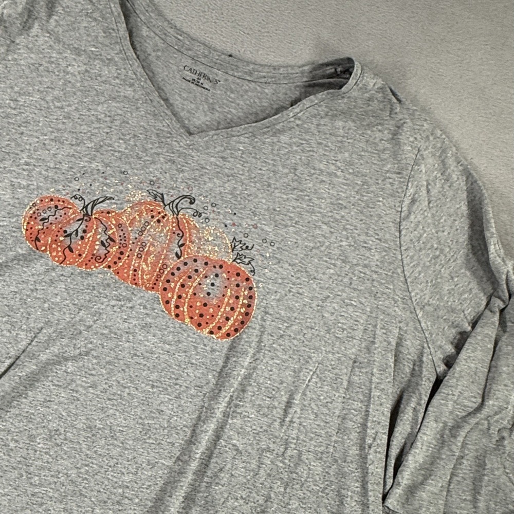 Catherine's Embroidered Pumpkin Top 3X 26/28 Gray 3/4 Sleeve T-Shirt